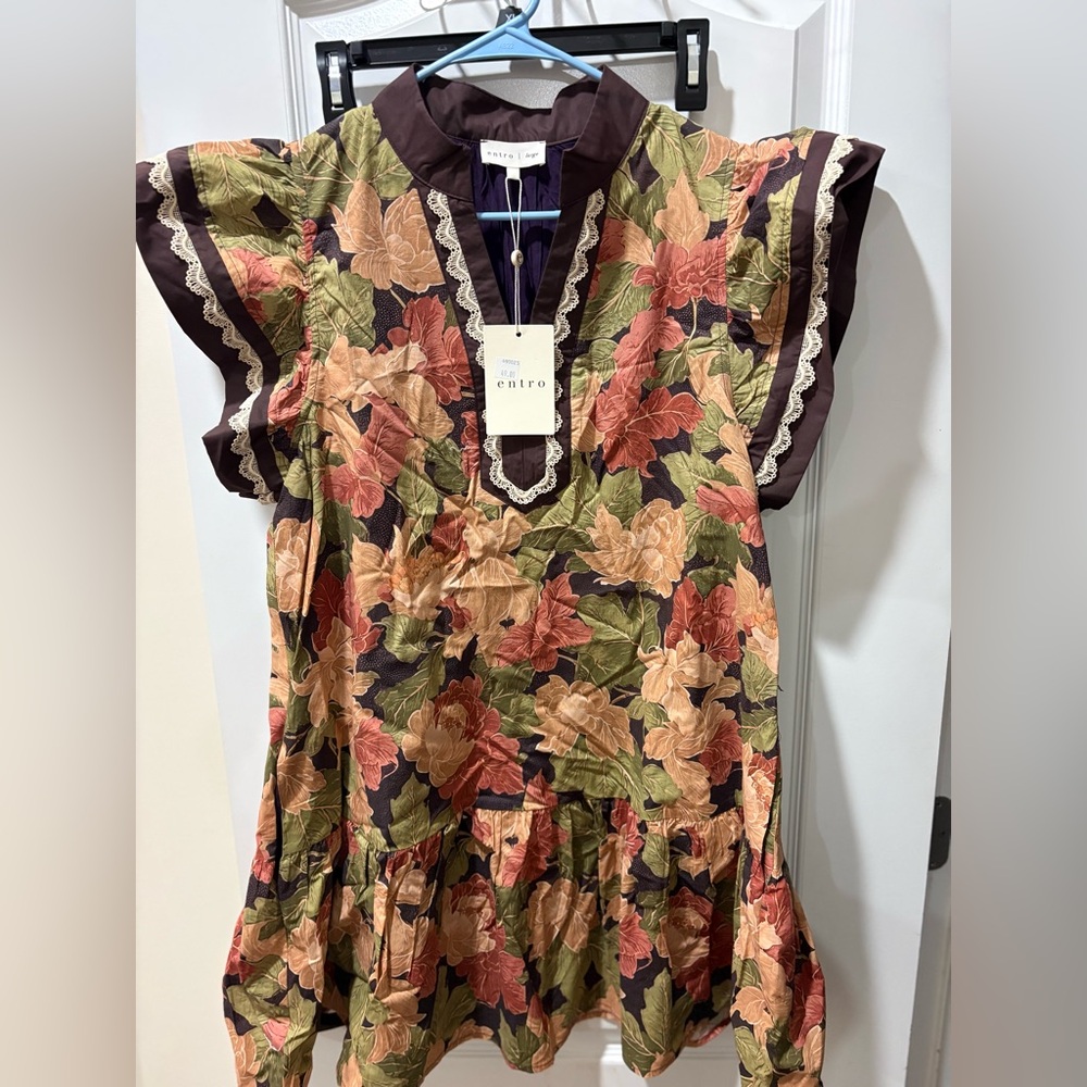 entro Floral Mini Dress in Brown, Green, Peach
